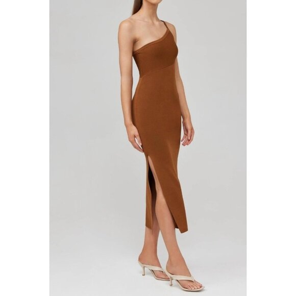 NEW Boho Glam House of Harlow 1960 Brown Ribbed One Shoulder Midi Dress Size M - Picture 1 of 6